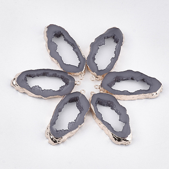 Druzy Geode Resin Big Pendants, Edge Light Gold Plated, with Iron Loops, Gray, 51.5x23.5x6~7mm, Hole: 1.8mm