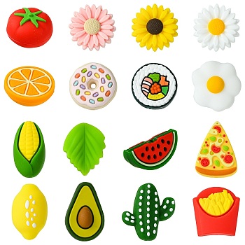 16Pcs 16 Styles Food Grade Eco-Friendly Silicone Focal Beads, Mixed Shapes, Mixed Color, 13~27x18~25.5x7~16.5mm, Hole: 2~2.2mm, 1pc/style