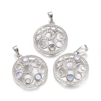 Opalite Pendants, with Platinum Tone Brass Findings and Crystal Rhinestone, Flat Round, 29x25.5x4.5mm, Hole: 4.5x8mm