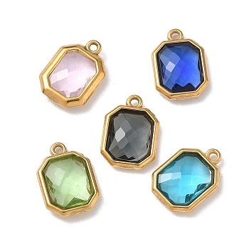304 Stainless Steel Rhinestone Pendants, Octagon Charms, PVD Vacuum Plating, Real 18K Gold Plated, Mixed Color, 15.5x11x3.5mm, Hole: 1.2mm