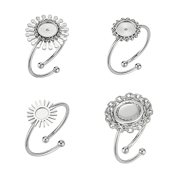 4Pcs 4 Styles 304 Stainless Steel Open Cuff Ring Findings, Bezel Cup Ring Settings, Sun & Flower & Flat Round with Round Tray, Stainless Steel Color, Inner Diameter: 17.9~18.1mm, Tray: 4~6mm, 1Pc/style