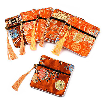 Chinese Brocade Tassel Zipper Jewelry Bag Gift Pouch, Square with Flower Pattern, Dark Orange, 11.5~11.8x11.5~11.8x0.4~0.5cm