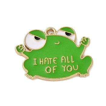 Alloy Enamel Pendants, Cadmium Free & Nickel Free & Lead Free, Golden, Frog with Word I Hate all of you Charm, Lime Green, 23x24.5x1mm, Hole: 1.4mm