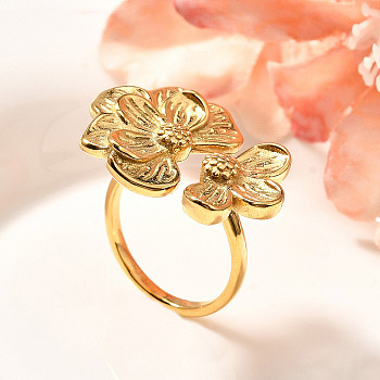 Flower 201 Stainless Steel Open Cuff Ring for Women, Golden, 2mm, Inner Diameter: 16mm