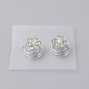 Spiral Hair Pin Coil Alloy Hair Accessories, with Rhinestone, for Wedding Bridal Party, Platinum, 14x9mm