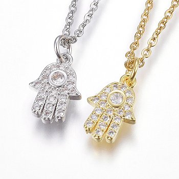 304 Stainless Steel Pendant Necklaces, with Cubic Zirconia, Hamsa Hand, Clear, Mixed Color, 17.71 inch(45cm)