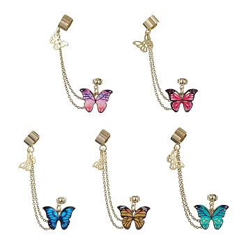 Butterfly 304 Stainless Steel Cuff Earring Chains, Alloy Stud Earrings Crawler Earrings, Mixed Color, 84mm
