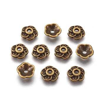 Tibetan Style Alloy Bead Caps, Cadmium Free & Nickel Free & Lead Free, Flower, Antique Bronze, 9x3mm, Hole: 1mm