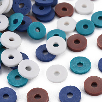 4 Colors Handmade Polymer Clay Beads, Heishi Beads, Disc/Flat Round, Creamy White & Sienna & Dark Cyan & Prussian Blue, 8x0.5~1.5mm, Hole: 2mm, about 11500pcs/1000g
