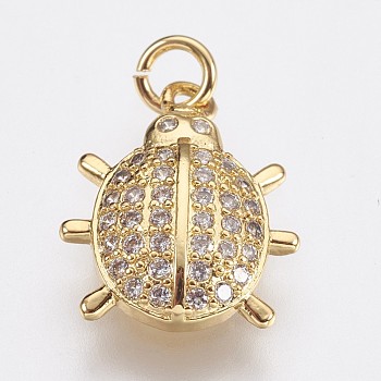 Brass Micro Pave Cubic Zirconia Charms, Ladybird, Golden, 13x11.5x3mm, Hole: 1.8mm