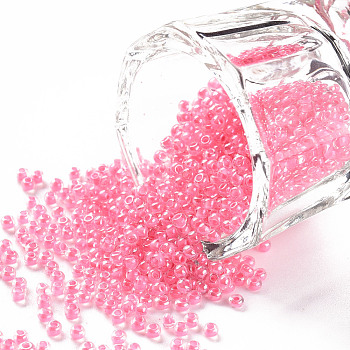 11/0 Grade A Transparent Glass Seed Beads, Inside Color, Luster Plated, Round, Pink, 2.3x1.5mm, Hole: 1mm, about 5300pcs/50g