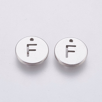 304 Stainless Steel Charms,  Flat Round with Letter, Stainless Steel Color, Letter.F, 10x1mm, Hole: 1mm