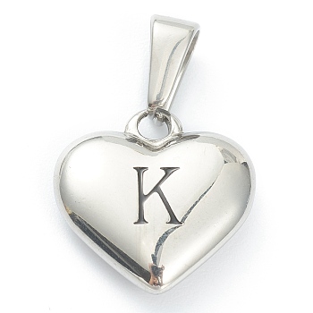 304 Stainless Steel Pendants, Heart with Black Letter, Stainless Steel Color, Letter.K, 16x16x4.5mm, Hole: 7x3mm