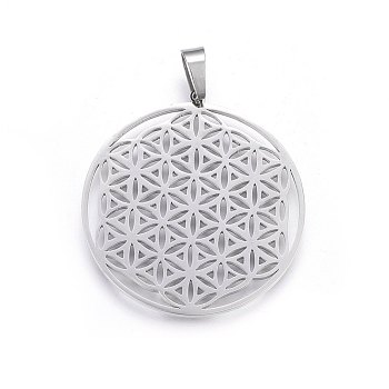 304 Stainless Steel Pendants, Spiritual Charms, Flat Round with Flower of Life/Sacred Geometry, Stainless Steel Color, 42x39x1.2mm, Hole: 8x6mm