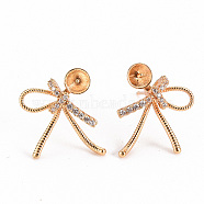 Brass Micro Pave Clear Cubic Zirconia Earring Findings, for Half Drilled Beads, Nickel Free, Bowknot, Real 18K Gold Plated, 18.5x15mm, Pin: 0.7mm, Pin: 0.7mm(for Half Drilled Beads)(KK-S356-236-NF)