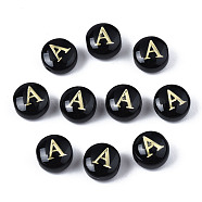 Handmade Lampwork Beads, with Golden Plated Brass Etched Metal Embellishments, Flat Round with Alphabet, Letter.A, 8x5mm, Hole: 0.8mm(LAMP-S196-001A)