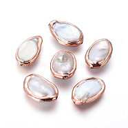 Natural Cultured Freshwater Pearl Beads, with Brass Findings, Nuggets, White, Rose Gold, 19~22x12.5~15x4~9mm, Hole: 0.7mm(PEAR-F011-13RG)