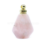 Natural Rose Quartz Perfume Bottle Pendants, with Golden Tone Alloy Findings, for Essential Oil, Perfume, Polygon Bottle, 35x23mm(BOTT-PW0001-070A)