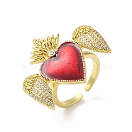 Sacred Heart with Wing Brass Micro Pave Cubic Zirconia Cuff Rings, with Enamel, Lead Free & Cadmium Free, Long-Lasting Plated, Real 18K Gold Plated, Dark Red, Adjustable, Heart: 24.5x29mm(RJEW-H236-01G-03)