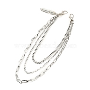 304 Stainless Steel Triple Layer Chains for Jeans Pants, Alloy Feather Pendant Wallet Keychains, Punk Chain Belts Hipster Accessories for Men Women, Antique Silver & Stainless Steel Color, 18-7/8 inch(47.8cm)(AJEW-E049-08P)