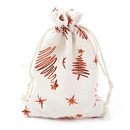 Christmas Theme Cotton Fabric Cloth Bag, Drawstring Bags, for Christmas Party Snack Gift Ornaments, Christmas Tree Pattern, 14x10cm(X-ABAG-H104-B19)