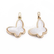 Natural White Shell Mother of Pearl Shell Pendants, with Brass Findings, Butterfly, Golden, 14x18x5mm, Hole: 2x3mm(BSHE-F011-07A-G)