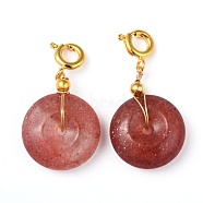 Natural Strawberry Quartz Pendants, with Golden Plated Brass Spring Ring Clasps, Donut/Pi Disc, 28mm, Pendant: 20x14.5~15x6mm(G-I307-02G-02)