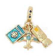 Rack Plating Brass Clear Cubic Zirconia European Dangle Charms, Dark Turquoise Enamel Travel Large Hole Pendants, Real 18K Gold Plated, Long-Lasting Plated, Cadmium Free & Lead Free, Airplane, 24mm, Hole: 4.5mm(KK-P287-18A-G)