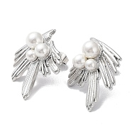 304 Stainless Steel Stud Earrings, with Shell Pearl, Manual Polished, Wing Ear Studs for Women, Stainless Steel Color, 26.5x22mm(EJEW-C062-04P)