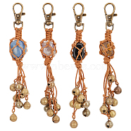 4Pcs Natural Mixed Gemstone Keychain, with Waxed Cotton Thread Cords, Brass Bell Pendants and Zinc Alloy Swivel Lobster Claw Clasps, 15cm, 4pcs/set(HJEW-PH01540)