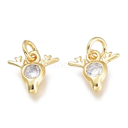 Brass Micro Pave Clear Cubic Zirconia Charms, with Jump Ring, Deer Head, Golden, 8.5x8.5x2.5mm, Hole: 1.5mm, Jump Rings: 3.5x0.8mm(KK-M206-50G)