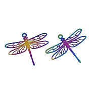 Ion Plating(IP) 201 Stainless Steel Filigree Pendants, Etched Metal Embellishments, Dragonfly, Rainbow Color, 29x34.5x0.2mm, Hole: 1.8mm(X-STAS-S118-016)