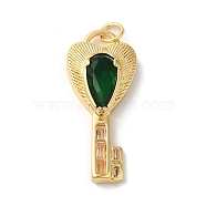 Rack Plating Brass Micro Pave Cubic Zirconia Pendants, with Glass Crystal, Long-Lasting Plated, Lead Free & Cadmium Free, with Jump Ring, Key, Dark Green, 28x12x5mm, Hole: 3mm(KK-U022-16B-01)