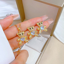 Brass Micro Pave Cubic Zirconia Pendant Necklace & Stud Earrings, Stainless Steel Chain Necklace, Golden, Bear, 400mm(WG7AC39-20)