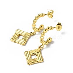 Ion Plating(IP) 304 Stainless Steel Rhombus Dangle Stud Earrings, Half Hoop Earrings for Women, Golden, 33.5mm, Pin: 0.8mm(STAS-B034-04G)