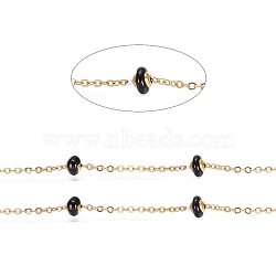 Stainless Steel Satellite Chains, with Enamel Beads and Spool, Soldered, Long-Lasting Plated, Flat Round, Golden, Black, 1.5x1.2x0.3mm, about 32.8 Feet(10m)/roll(CHS-I006-03G-B)