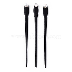 Natural Pearl Hair Sticks, Schima Wood Hairpin for Girl Hanfu Hair Accessories Decoration, Dyed, Black, 180x13.5x15~16mm(OHAR-N009-02)