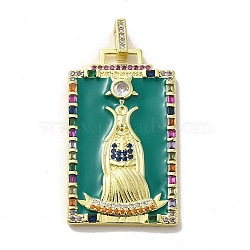 Brass Micro Pave Cubic Zirconia Pendants with Enamel, Tarot, Teal, 39x22.5x3mm, Hole: 5x3mm(KK-H458-03G-12)