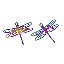 Ion Plating(IP) 201 Stainless Steel Filigree Pendants, Etched Metal Embellishments, Dragonfly, Rainbow Color, 29x34.5x0.2mm, Hole: 1.8mm(X-STAS-S118-016)