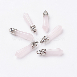 Natural Rose Quartz Pointed Pendants, with Platinum Plated Alloy Findings, Bullet, 33~40x8~9x8~9mm, Hole: 3x4mm(X-G-P309-05)