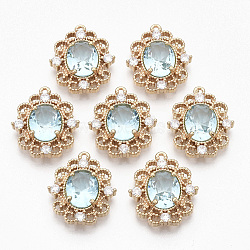 Golden Tone Brass Pendants, with Faceted Glass and Rhinestone, Oval, Pale Turquoise, 20x17.5x5.5mm, Hole: 1.2mm(X-GLAA-R212-05C)