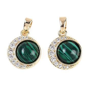 Brass Cubic Zirconia Pendants, with Synthetic Malachite, Flat Round Charms, 15x12.5x6mm, Hole: 4.5x2.5mm