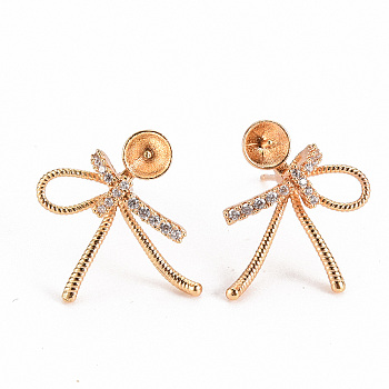 Brass Micro Pave Clear Cubic Zirconia Earring Findings, for Half Drilled Beads, Nickel Free, Bowknot, Real 18K Gold Plated, 18.5x15mm, Pin: 0.7mm, Pin: 0.7mm(for Half Drilled Beads)