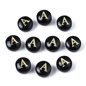 Handmade Lampwork Beads, with Golden Plated Brass Etched Metal Embellishments, Flat Round with Alphabet, Letter.A, 8x5mm, Hole: 0.8mm