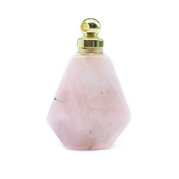 Natural Rose Quartz Perfume Bottle Pendants, with Golden Tone Alloy Findings, for Essential Oil, Perfume, Polygon Bottle, 35x23mm