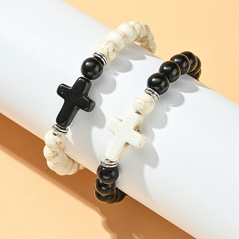 DIY Bracelet Making Kit, Including Synthetic Turquoise Round & Alloy Cross Beads & Spacer Beads, Elastic Thread, Black, 58Pcs/set