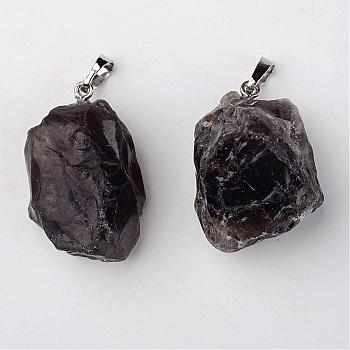 Natural Smoky Quartz Pendants, Nuggets, with Brass Findings, Platinum, 26~42x20~26x14~22mm, Hole: 5x8mm