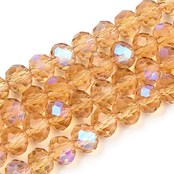 Electroplate Glass Beads Strands, Half Rainbow Plated, Faceted, Rondelle, Peru, 4x3mm, Hole: 0.4mm, about 123~127pcs/strand, 16.5~16.9 inch(42~43cm)