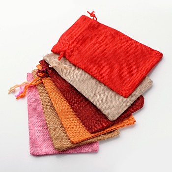Polyester Imitation Burlap Packing Pouches Drawstring Bags, Mixed Style, Mixed Color, 13.5x9.5cm
