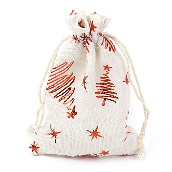 Christmas Theme Cotton Fabric Cloth Bag, Drawstring Bags, for Christmas Party Snack Gift Ornaments, Christmas Tree Pattern, 14x10cm